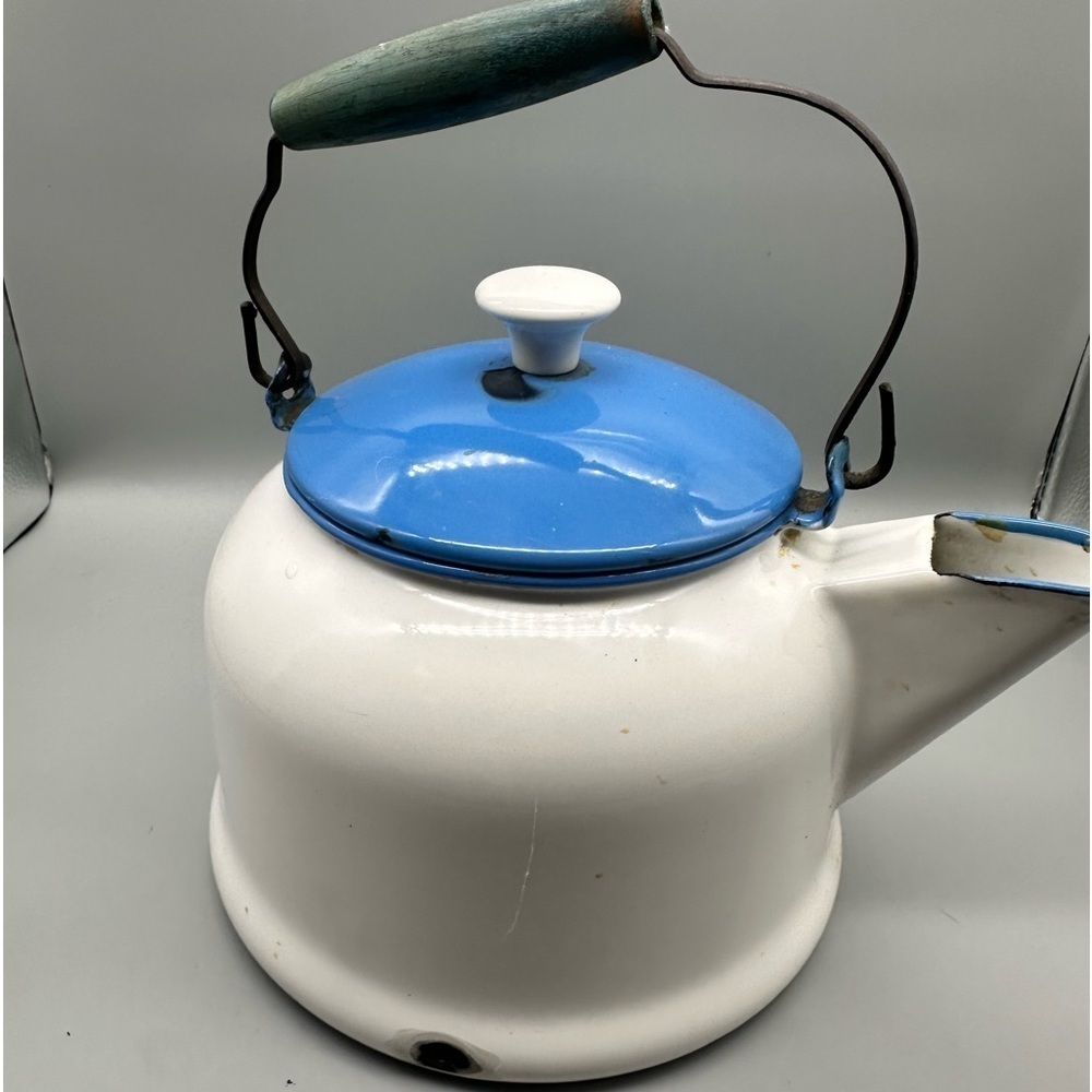Vintage stainless steel blue & white teapot